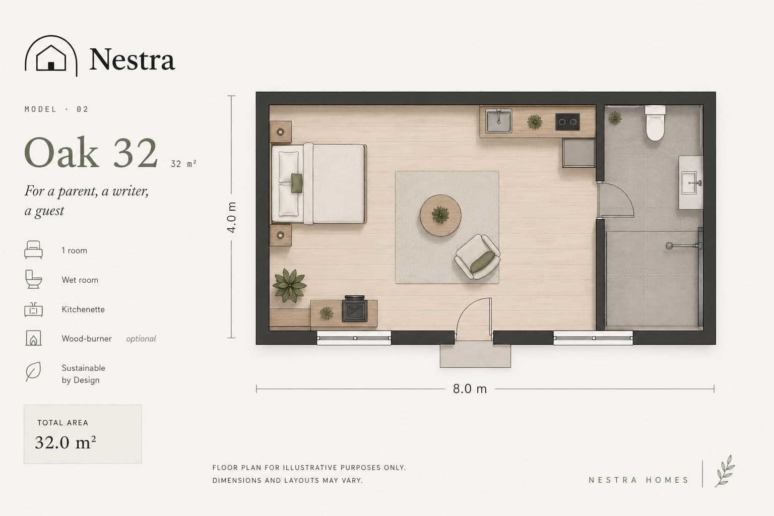 Oak 32 floor plan — 8.0 × 4.0 m one-room layout with wet room and kitchenette.