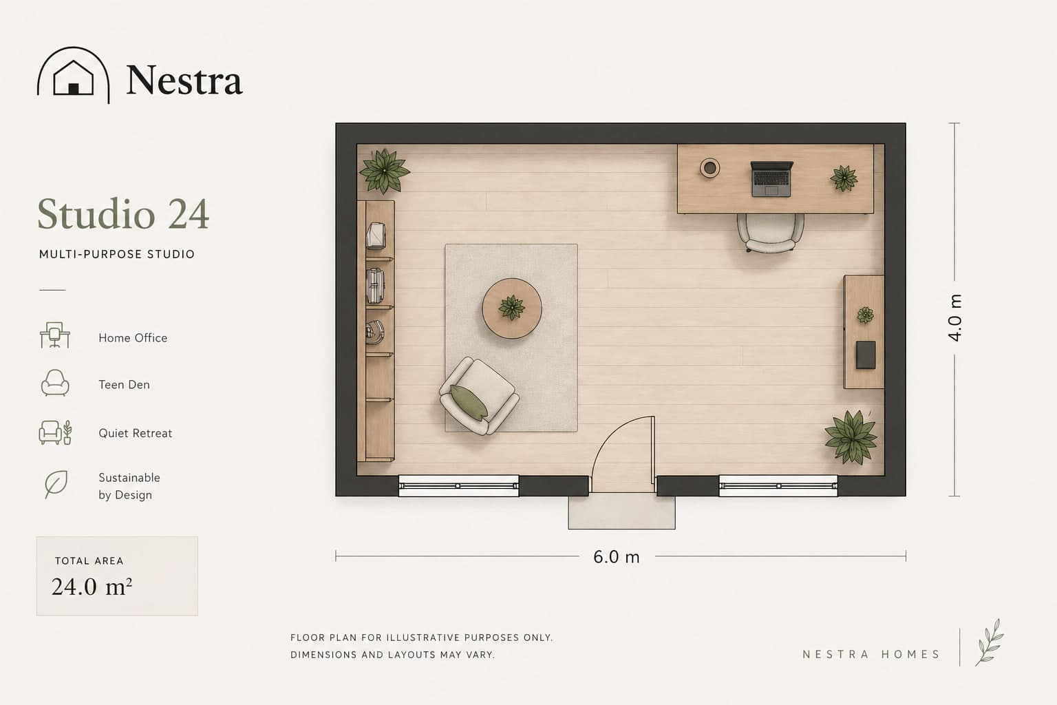 Studio 24 floor plan — 6.0 × 4.0 m multi-purpose studio.