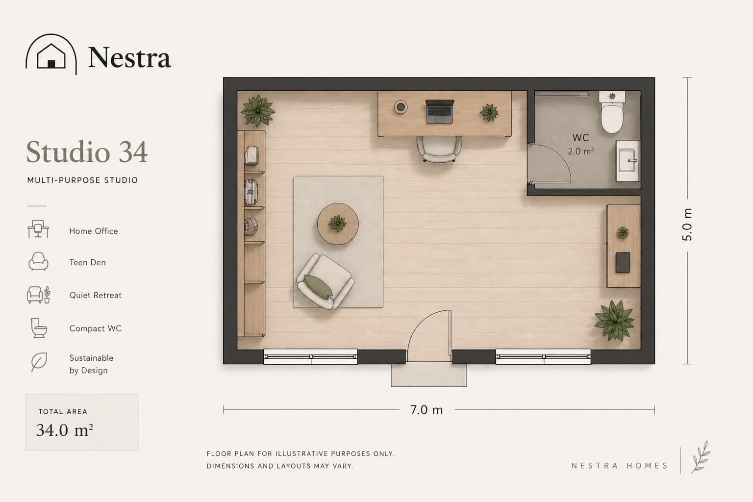Studio 34 floor plan — 7.0 × 5.0 m multi-purpose studio with WC.