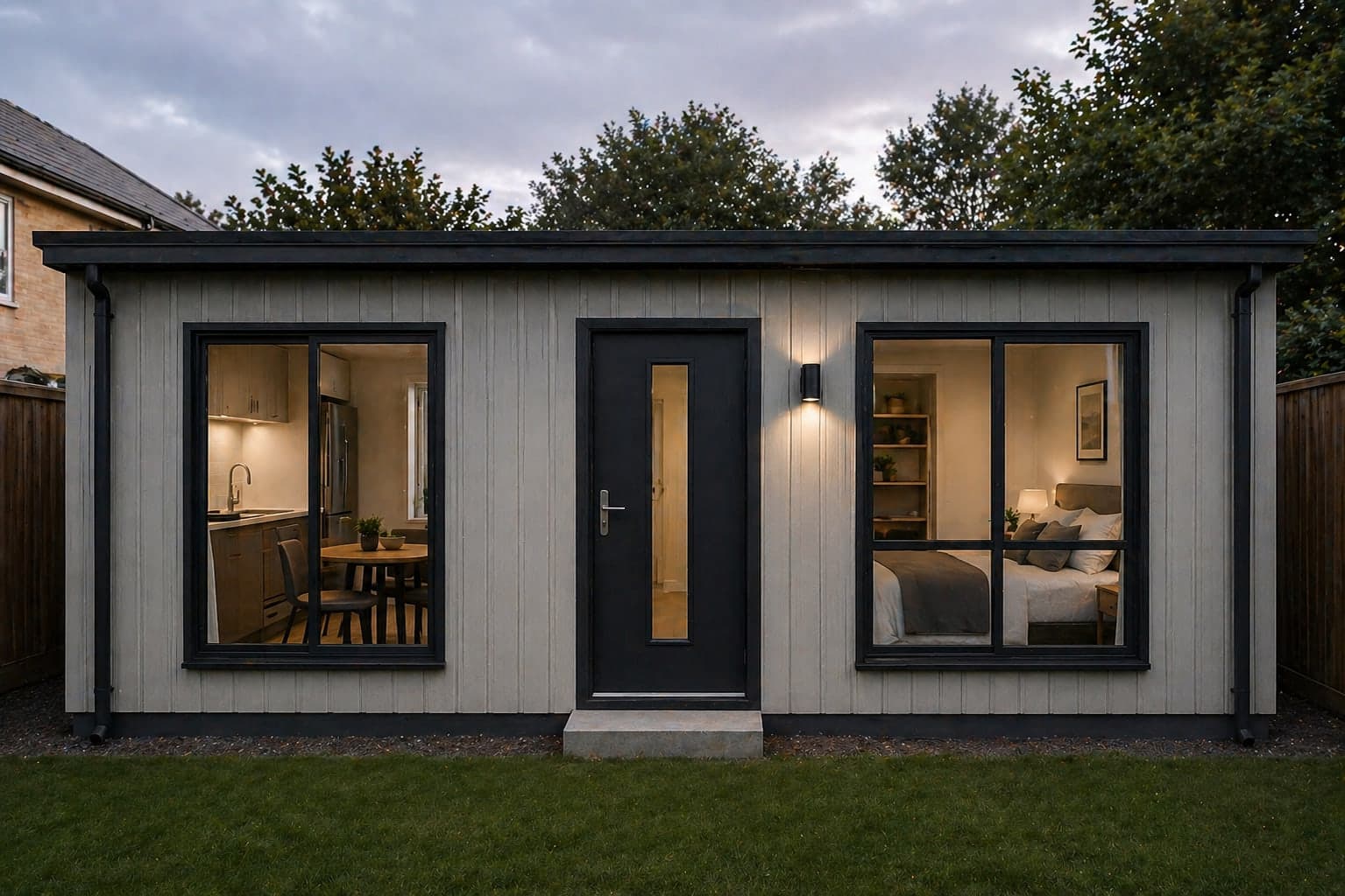 A Nestra garden room at dusk — pale vertical timber cladding, charcoal aluminium window frames, a single dark front door, warm interior light spilling onto a clipped lawn.