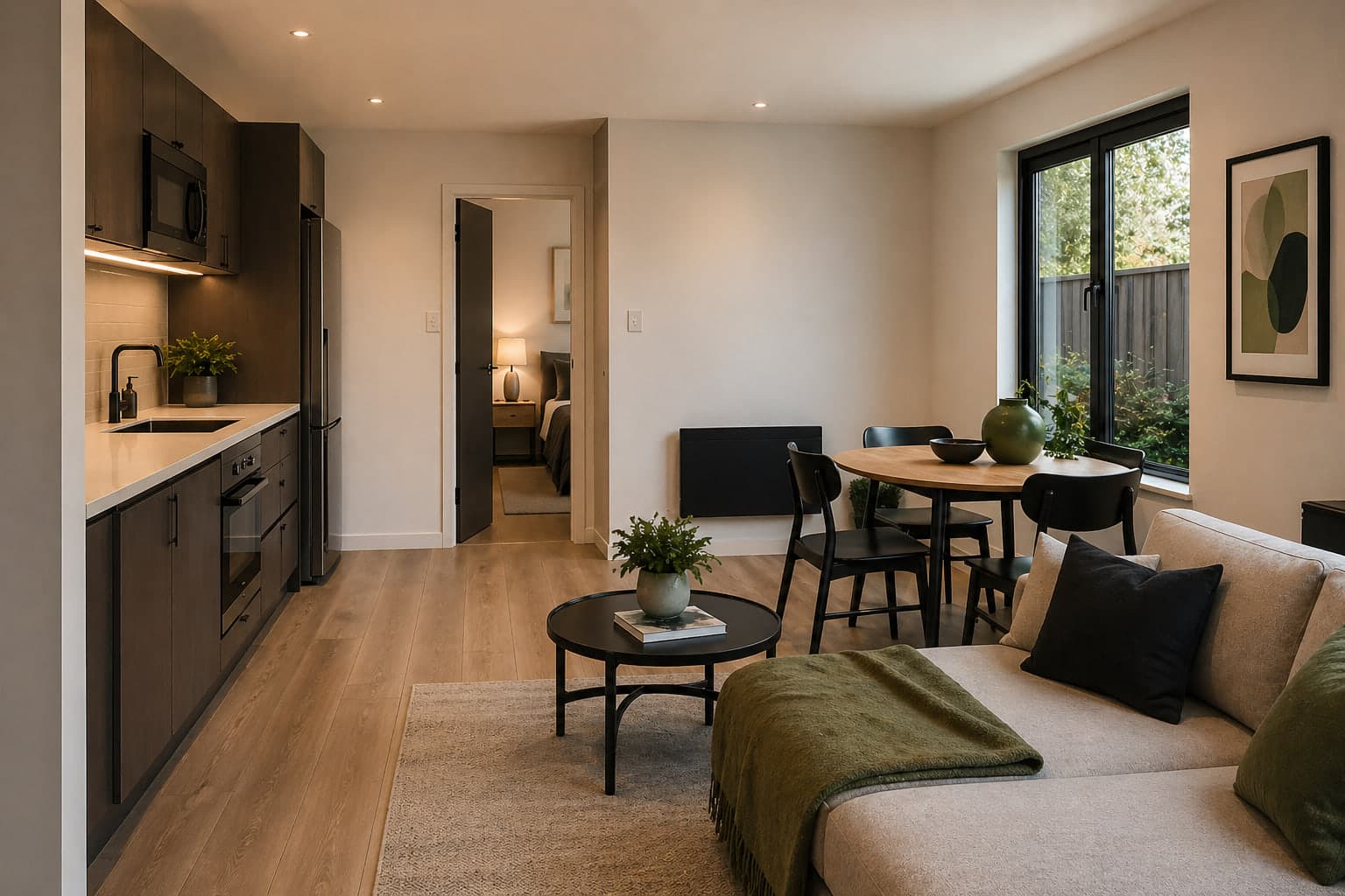 Inside a Nestra garden home — open-plan kitchen with dark timber cabinetry, warm oak flooring, a sofa with a green throw and a round dining table beside a tall window facing the garden.